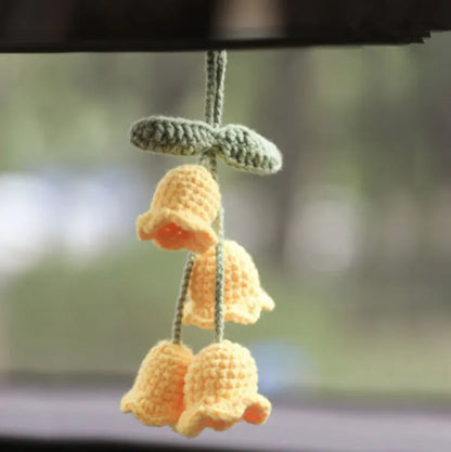 Green and white knitting wool car plant decoration with 8cm base and 25cm hanging rope