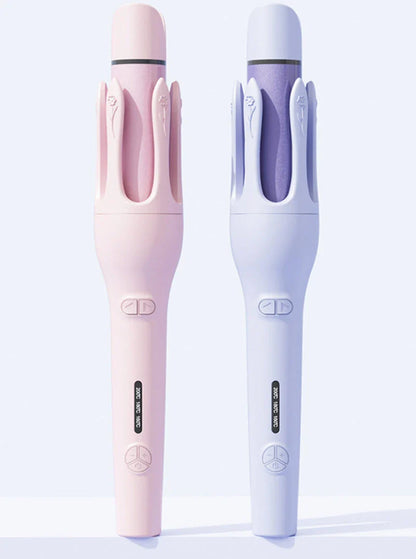 Automatic dual-function hair curler and straightener with left and right rotating barrels, adjustable temperature settings, and safety features for salon-quality styles at home