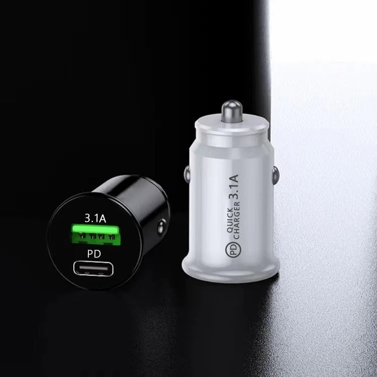 Black and white dual USB port car charger for vehicle cigarette lighter socket.