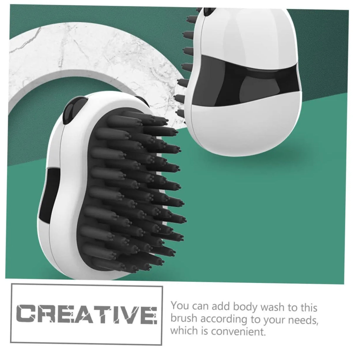 Black and white pet bath brush and grooming comb for cats, dogs, and puppies, plastic hair removal and cleaning tool.