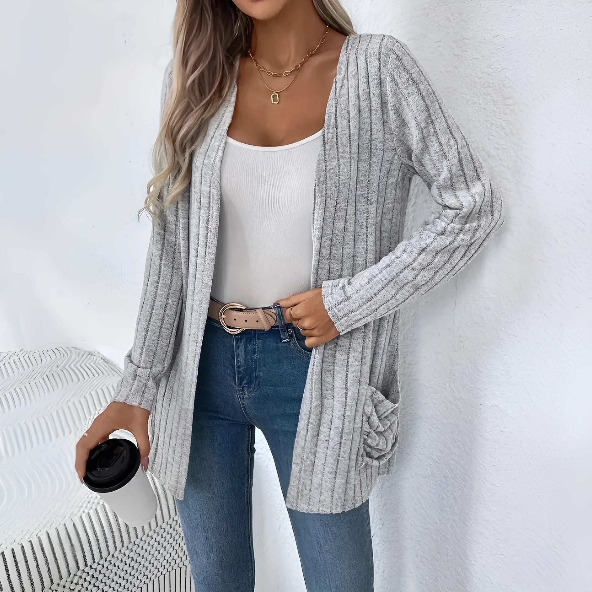 Solid colour long sleeve cardigan with pockets in Granny Grey, loose fit design