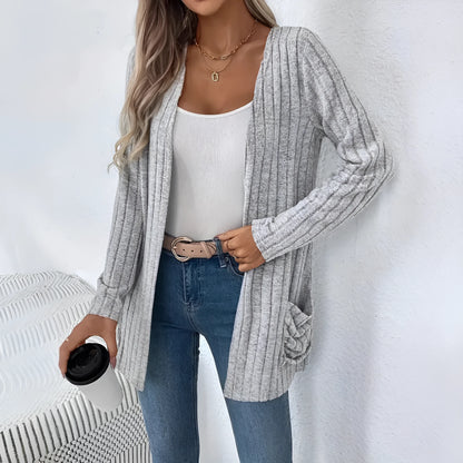 Solid colour long sleeve cardigan with pockets in Granny Grey, loose fit design