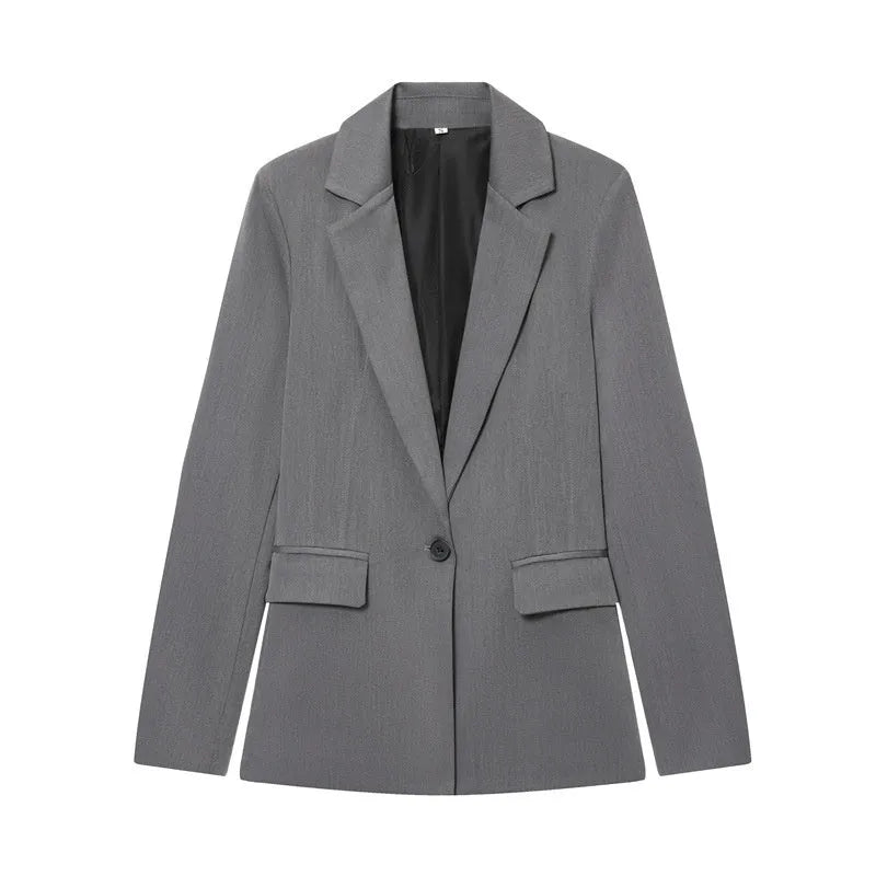 Women's slim-fit two-piece suit set with long-sleeve button jacket and flared pants in black, grey, pink, or apricot, sizes XS to L