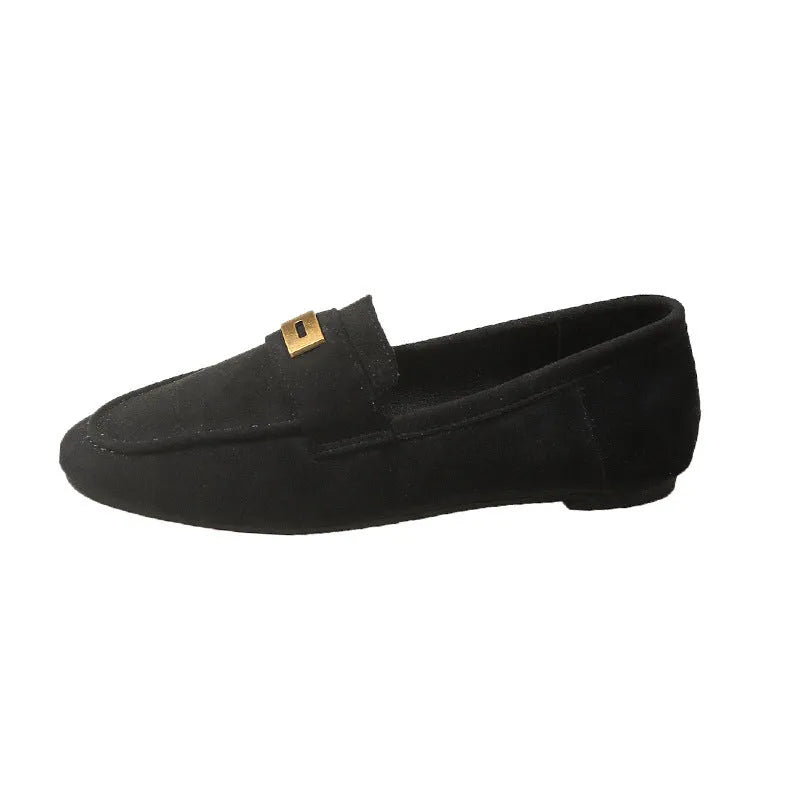 Women's square toe flat loafers in black, khaki, and brown artificial PU, sizes 35 to 40.
