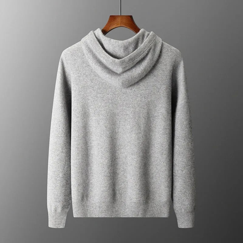 Men's cashmere hooded sweatshirt and trousers set in light grey or dark grey for winter leisure wear