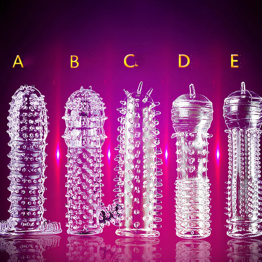 Crystal Exotic condom set showing five dragon texture designs in transparent soft rubber