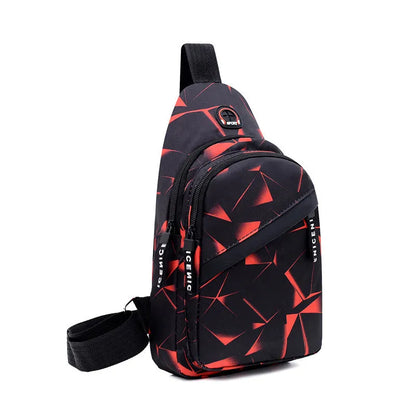 Men's sling chest bag in blue with earphone hole, crossbody strap, and zipper pockets, measuring 17cm wide.