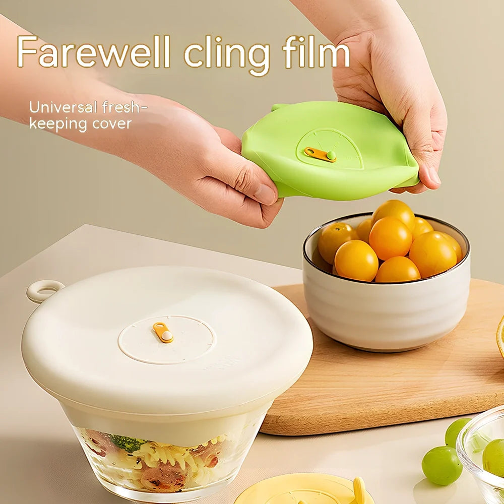 Three silicone freshness lids in beige, green, yellow colours showing 18cm, 10cm, 6.5cm diameters