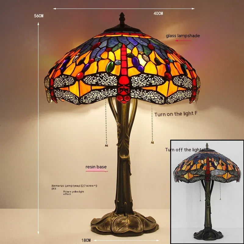 European style stone table lamp with dragonfly motif in blue finish, 30cm height