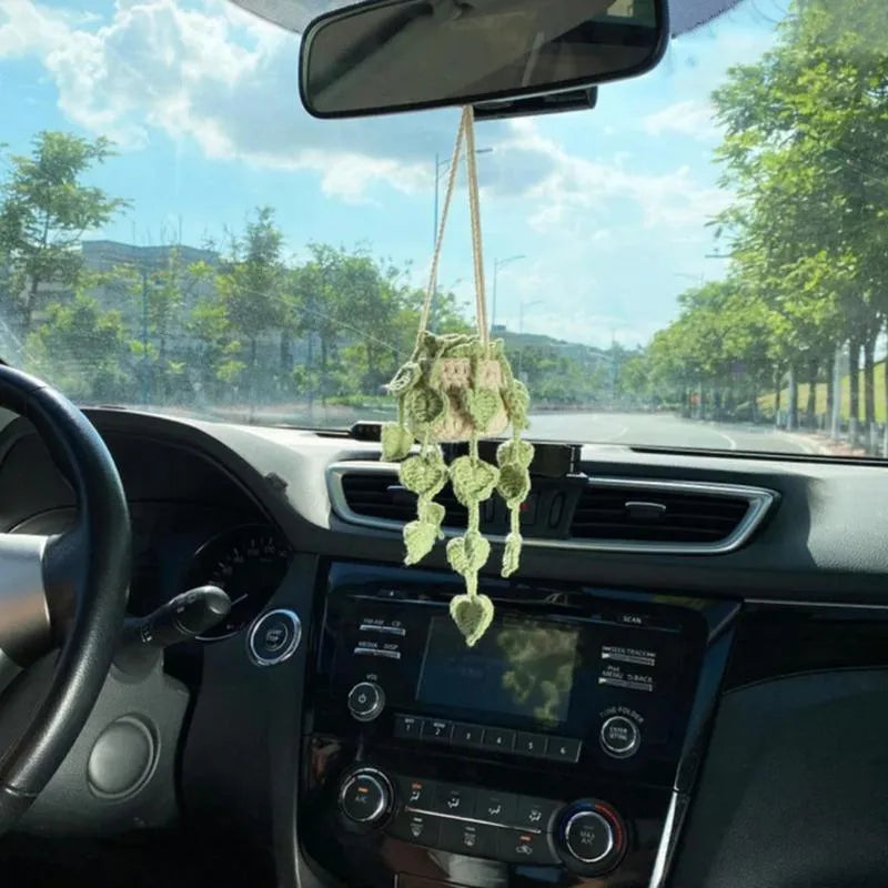 Green and white knitting wool car plant decoration with 8cm base and 25cm hanging rope
