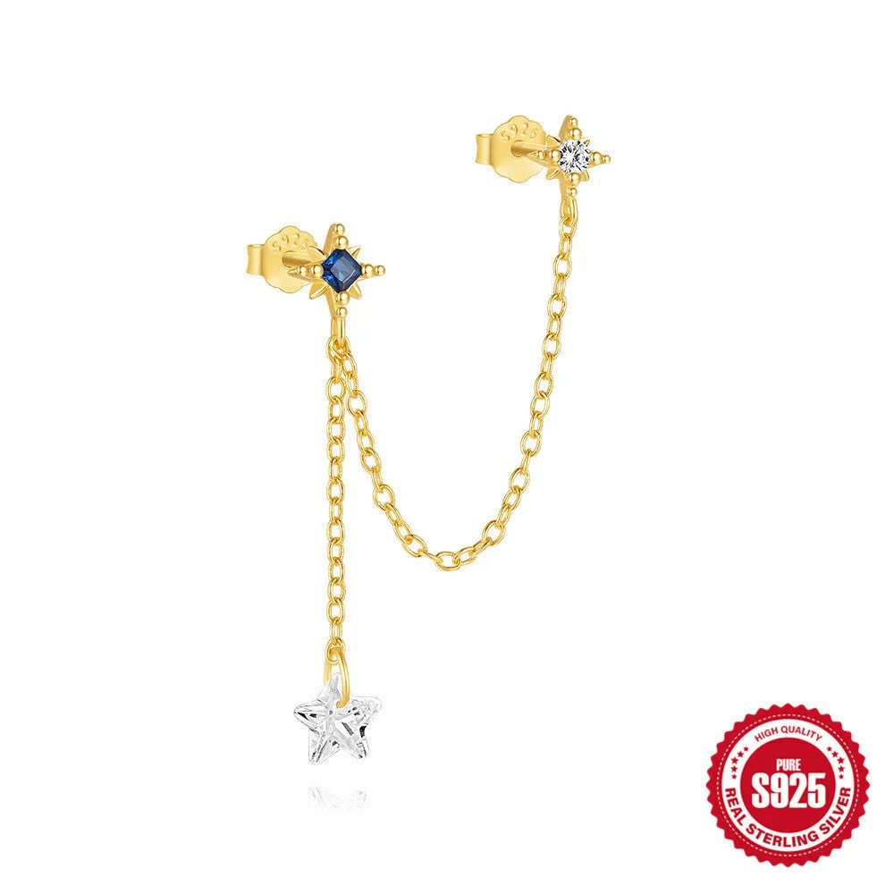 S925 sterling silver double piercing chain stud earrings with inlaid zircon stones in golden finish.
