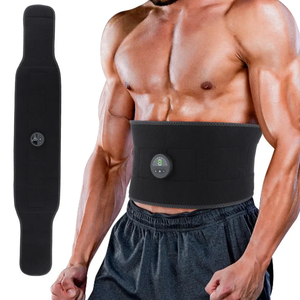 Black EMS pulse health care belt with control unit showing mode and intensity buttons, measuring 110cm with tapered width