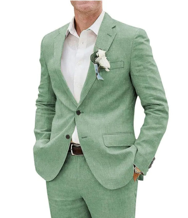 Men's beige linen blend slim fit two-piece suit for business and formal occasions