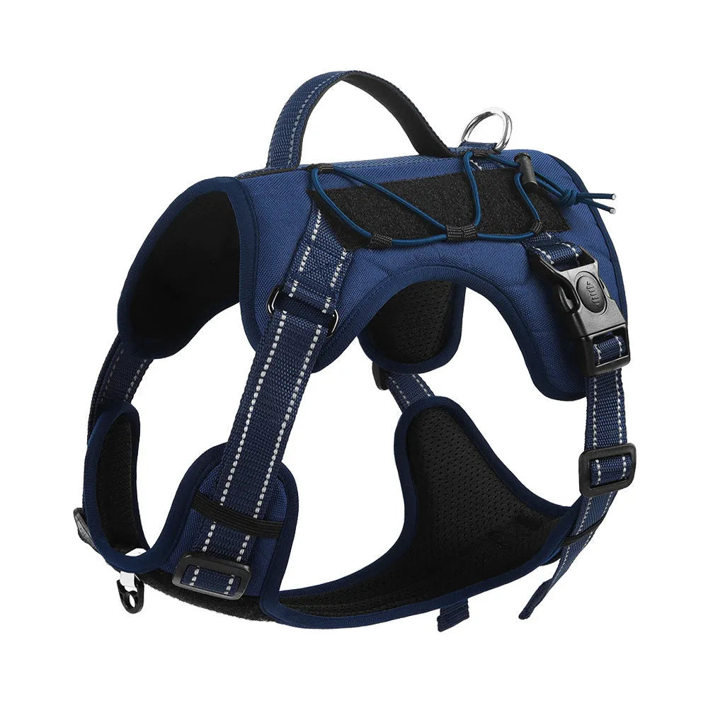 Orange reflective dog harness with attached black hand-holding rope leash shown on a medium-sized dog.
