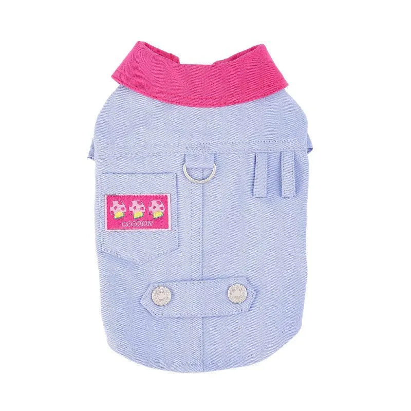 Blue and purple polyester dog vest with traction rope ring for small dogs in various sizes
