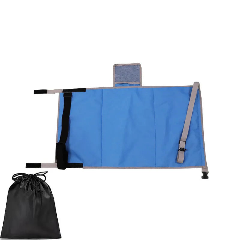 Portable blue children's aircraft seat extender kit with drawstring storage pocket.
