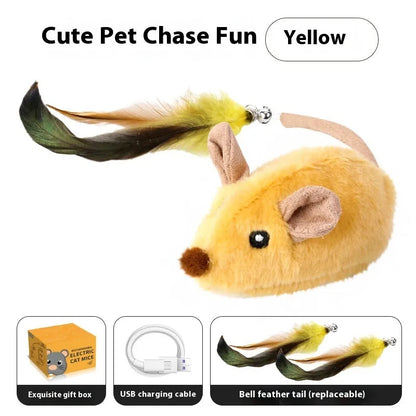 Intelligent charging simulation electric mouse cat teaser toy in gray or yellow with feather tail attachments