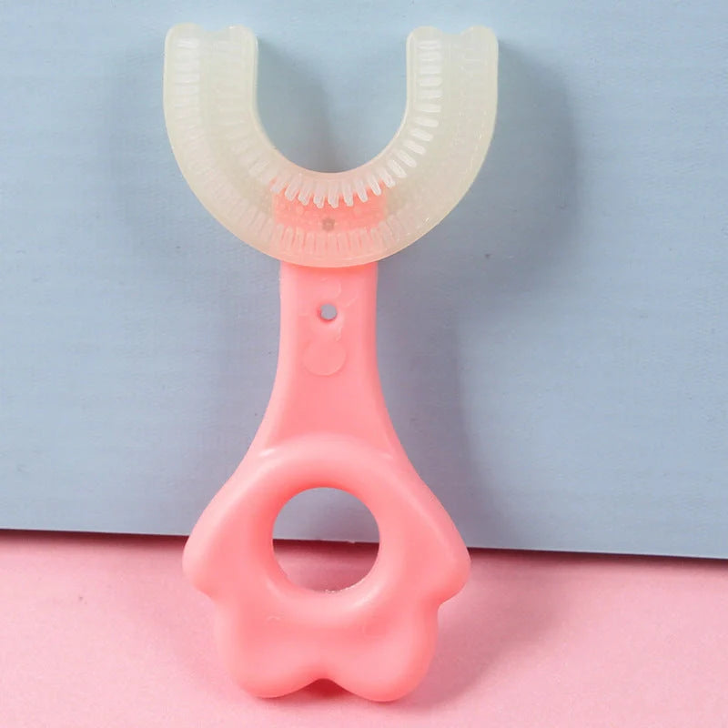 U-shaped baby toothbrush in soft silicone for kids, available in multiple colors