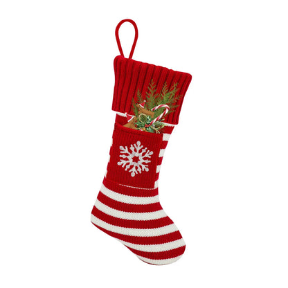 Knitted Christmas cat and dog socks in a gift bag, one pair, with red dog's paw, snowflake, green tree, or red elk patterns.