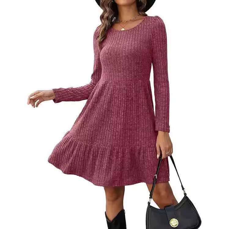 Solid color round neck knitted dress sweater in various colors and sizes