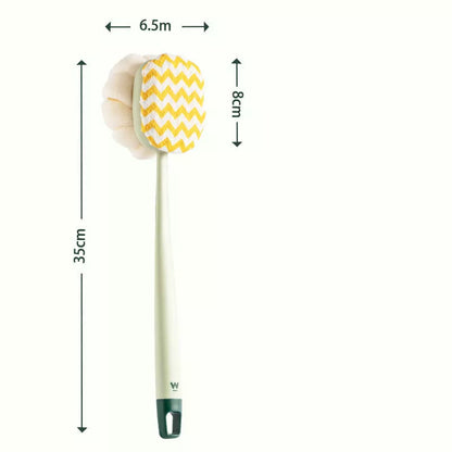 Long handle bath brush with soft fur bristles for gentle back scrubbing