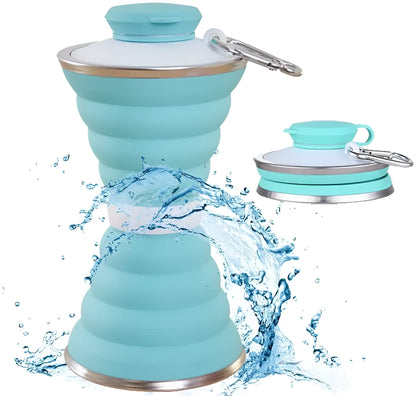 Collapsed and expanded states of a 500ml silicone water bottle with hook and hand rope.