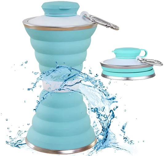 Collapsed and expanded states of a 500ml silicone water bottle with hook and hand rope.