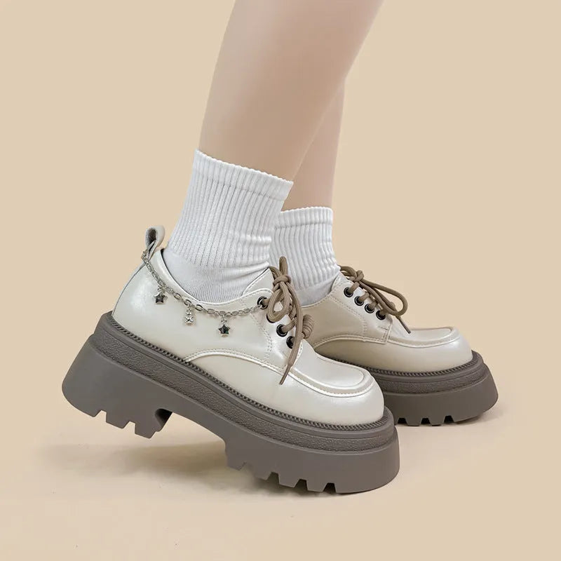 Women's Mary Jane leather shoes in British college style, featuring a white PU upper, round toe, and chunky 6-8cm platform heel, designed for daily casual and Lolita fashion wear with lace-up closure.