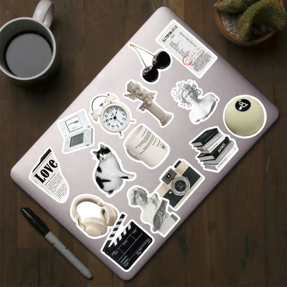 Black and white PVC sticker collection with 61 pieces for laptop and device customisation and protection