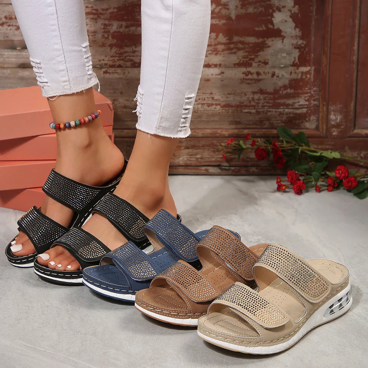 Stylish rhinestone slip-on sandals for women with non-slip soles, available in multiple colors and sizes