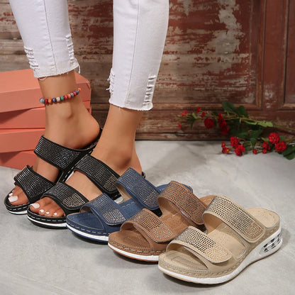 Stylish rhinestone slip-on sandals for women with non-slip soles, available in multiple colors and sizes
