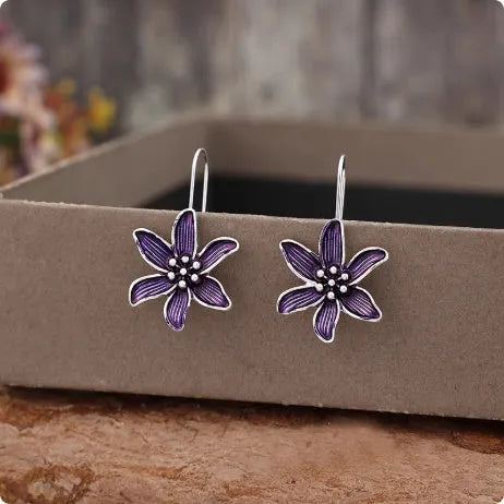 Purple flower-shaped alloy earrings with electroplated finish and post fastening
