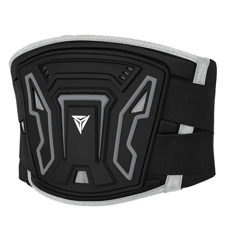 MDL1028 black and red motorcycle waist support waistband shown with adjustable sizing options.