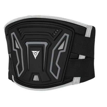 MDL1028 black and red motorcycle waist support waistband shown with adjustable sizing options.