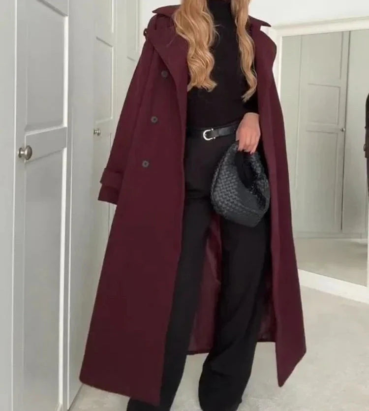 Premium woolen coat in wine red color with double-breasted design and belt for women's winter fashion