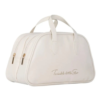 Leather travel toiletry bag with dry-wet separation compartments in caramel mocha colour with letter detailing