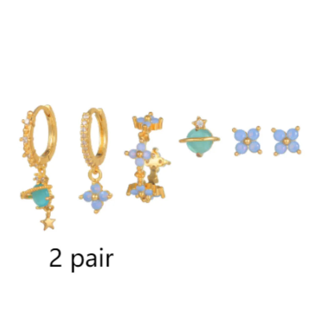 Gold and silver flower ear studs with zircon mosaic detailing, Japanese Korean style design