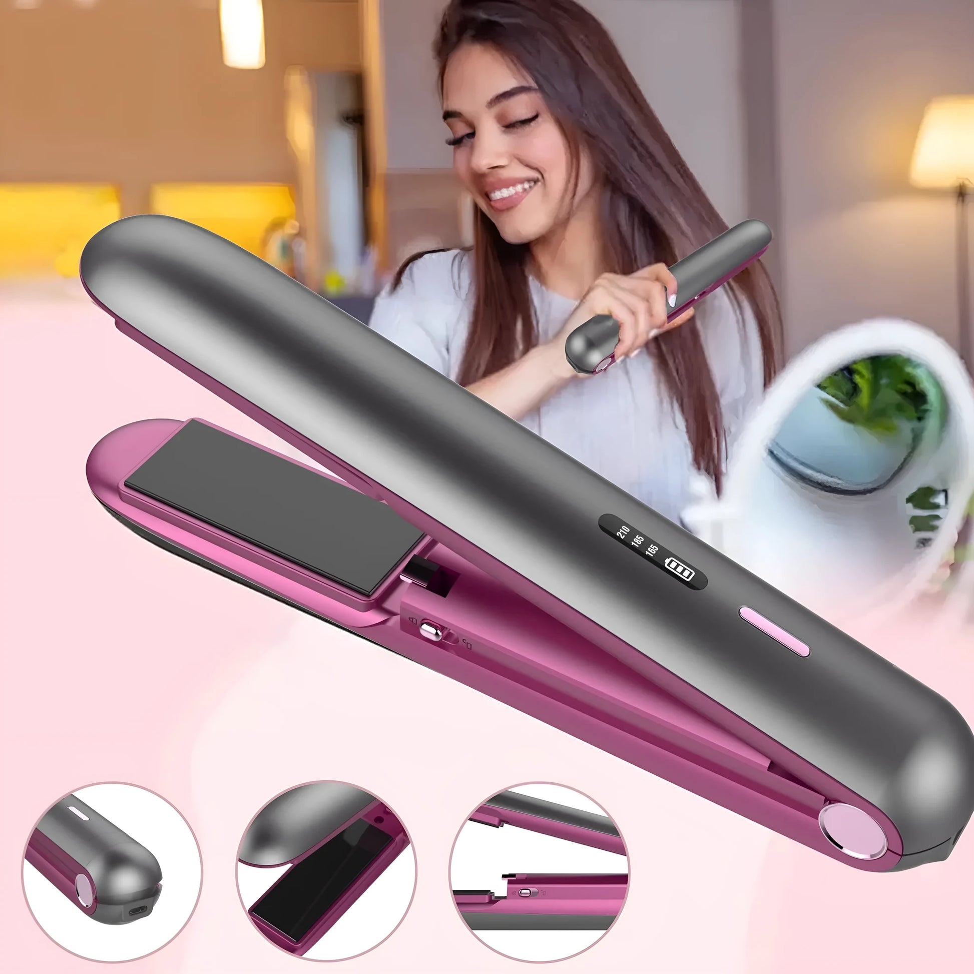 Moon shadow grey wireless hair straightener with tourmaline ceramic heating plates and temperature control display