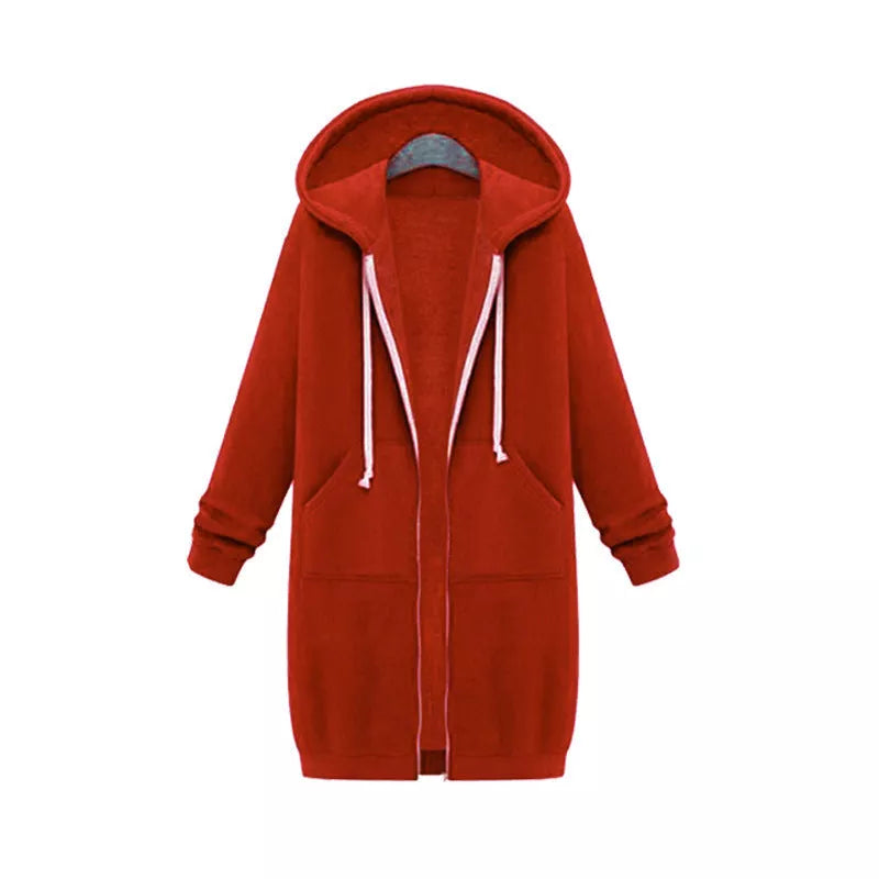 Hooded long sleeve sweater fleece jacket in navy blue with zipper closure