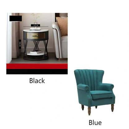 Round coffee table with slate surface and metal frame, featuring integrated storage compartment