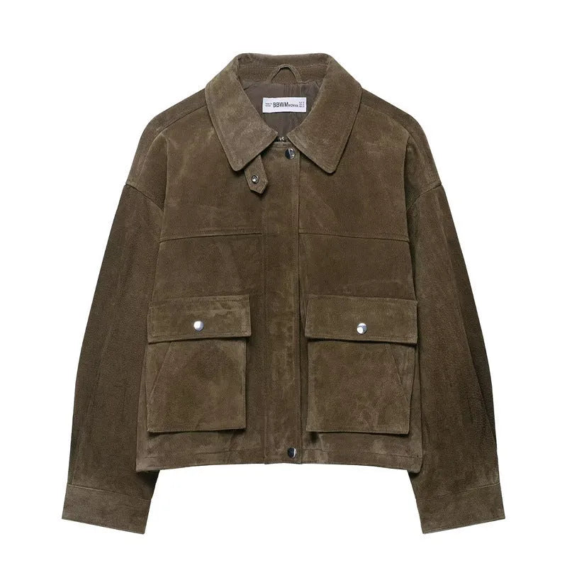 Women's picture colour PU jacket coat in a Japanese Korean casual style, shown on a hanger.