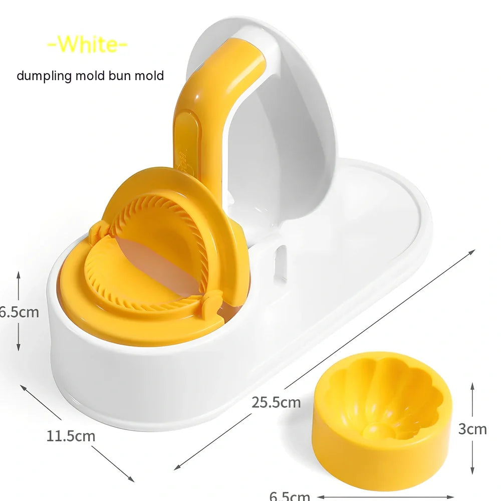 Green dumpling wrapper press machine creating uniform 8cm dough circles on kitchen counter