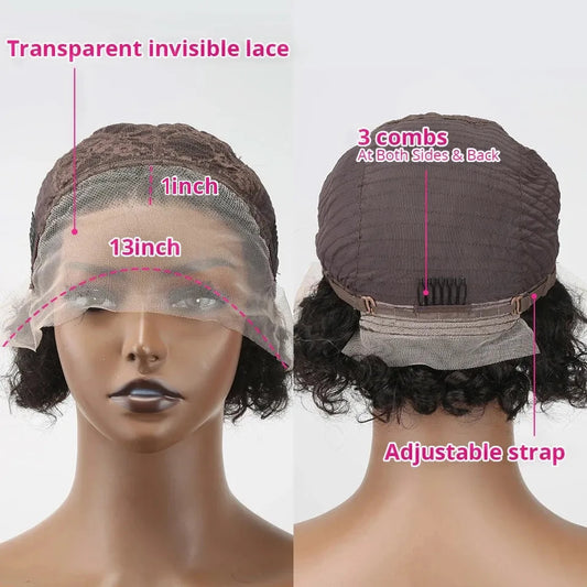 Black human hair pixie wig with 13x1 lace front for natural hairline, shown on a model.