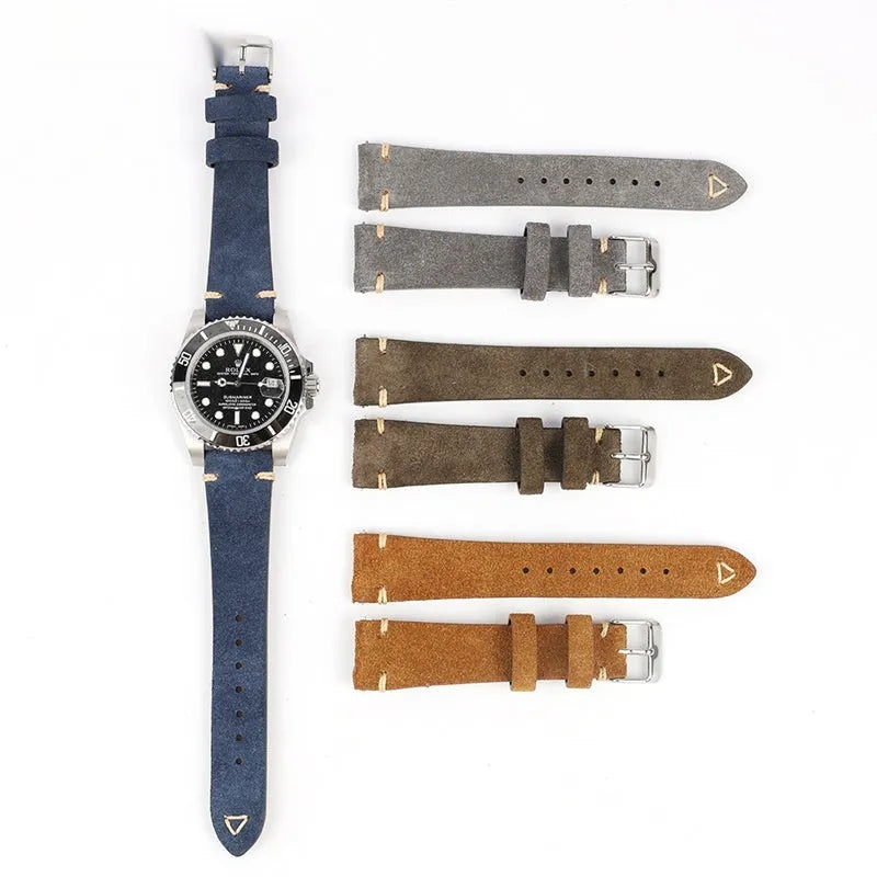 Suede leather watch strap in brown, blue, gray, or Army Green with 20mm or 22mm width options