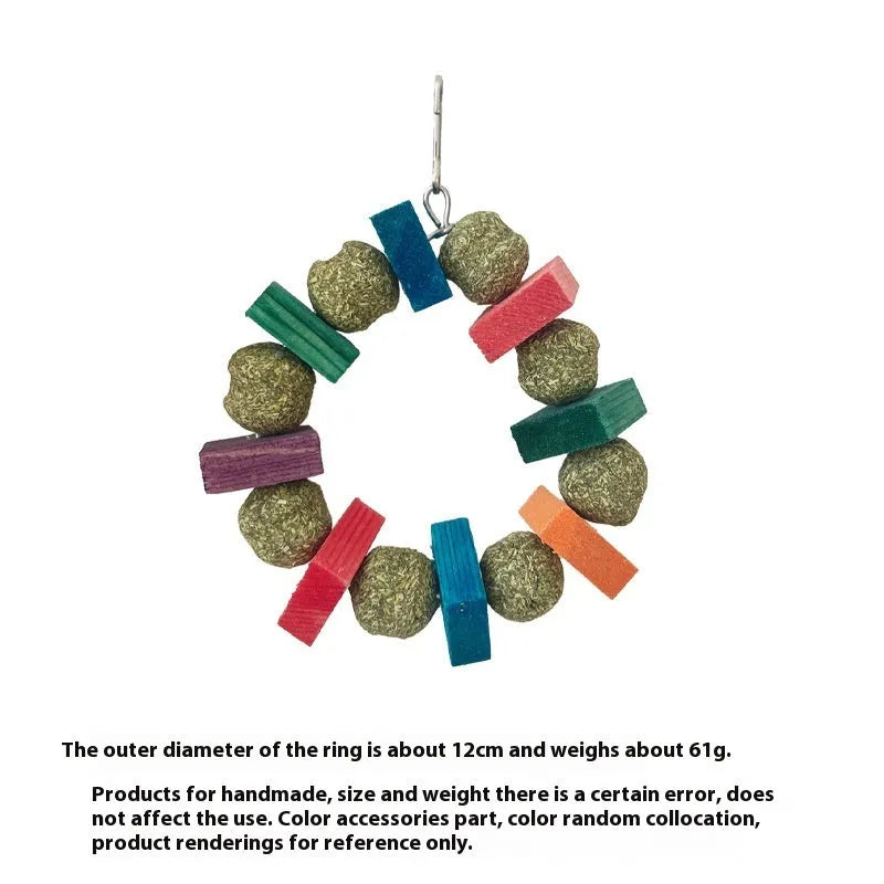 Applewood hamster chewing toy with straw ball ring for small pet dental enrichment