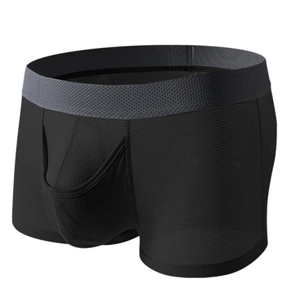 Men's ice silk boxer briefs in black, white, and grey colours showing mesh fabric and low-waist design