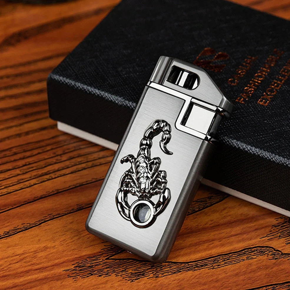 Scorpion Chip Gas Lighter with zinc alloy housing in gold or silver finish, 65mm length