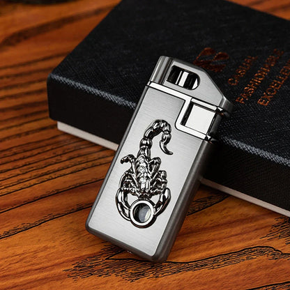 Scorpion Chip Gas Lighter with zinc alloy housing in gold or silver finish, 65mm length