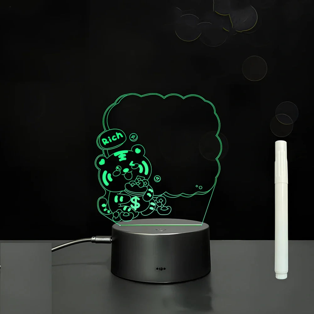 3D acrylic LED message board with touch controls showing illuminated writing on 3.5mm thick surface