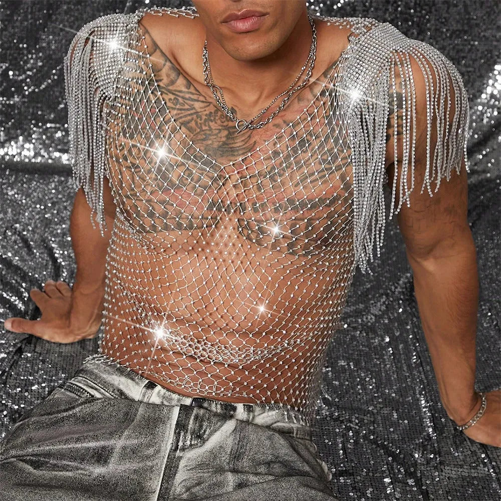Grid rhinestone fishnet vest in dyed silver see-through nylon, loose fit, sizes S to XL